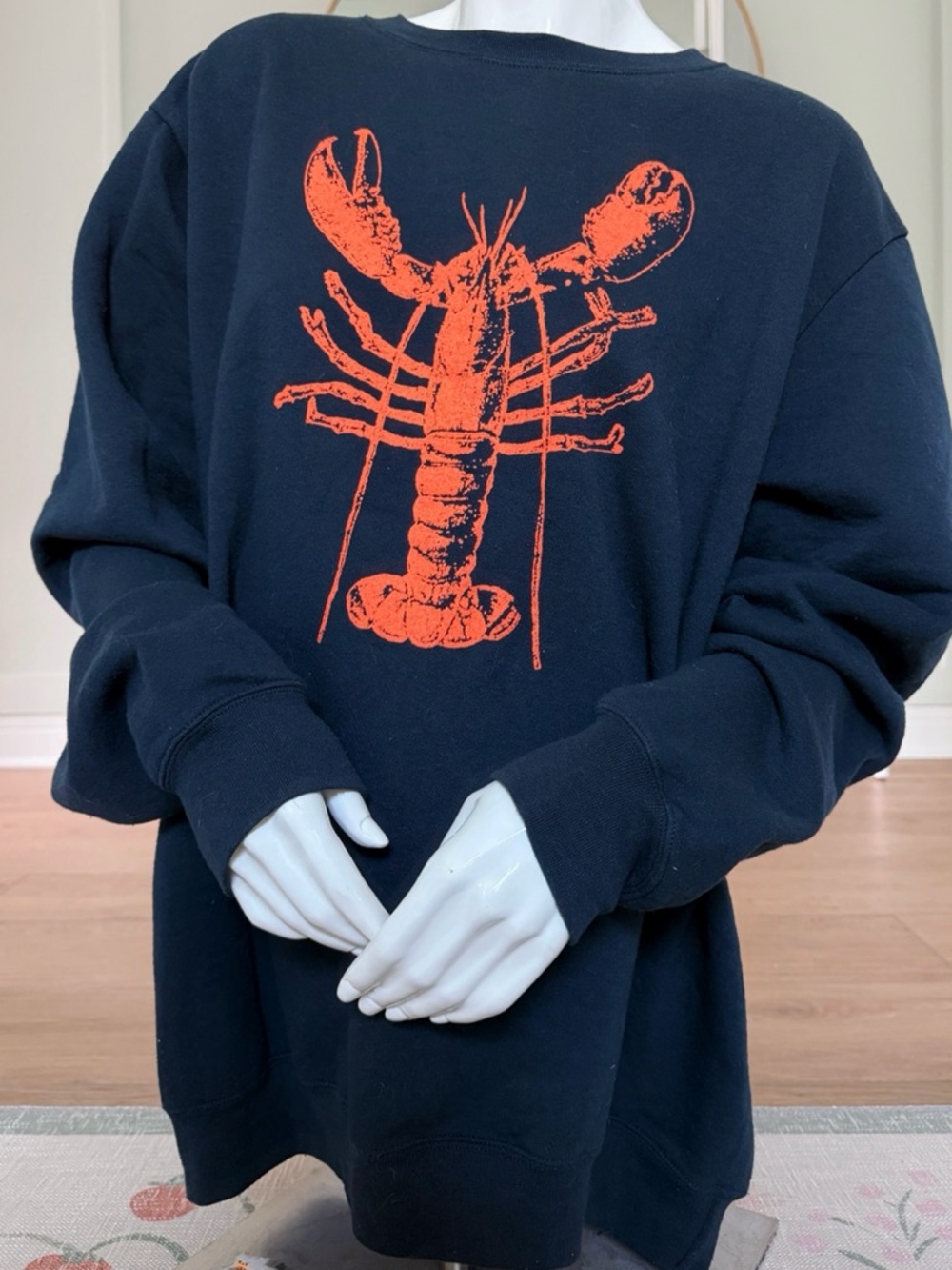 Unisex sizing 2XL dk. navy crew neck sweatshirt with orange/red lobster on front